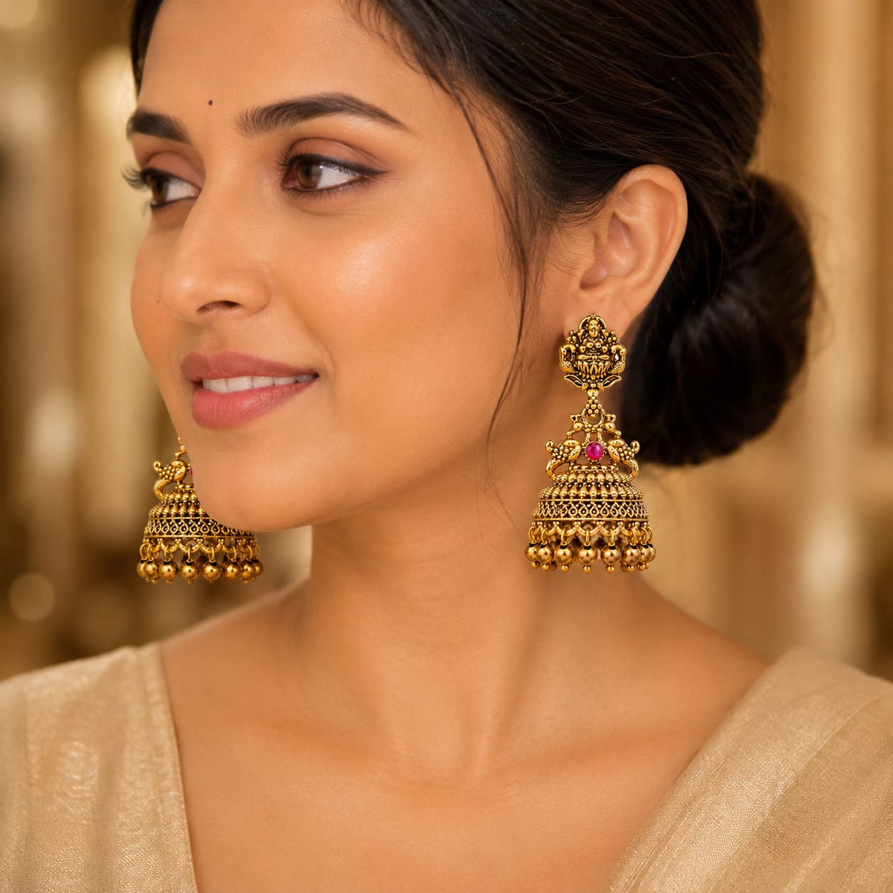 Lakshmi Temple Jhumka Earrings with Peacock & Pink Stone Detailing