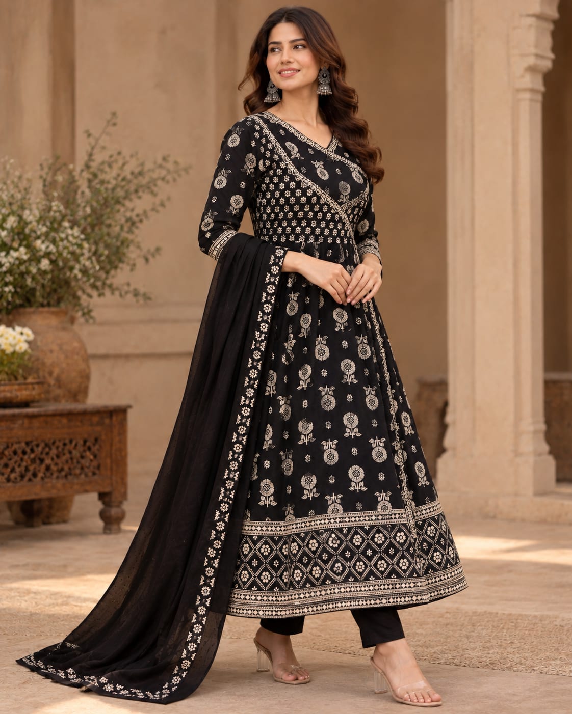 Midnight Bloom Angrakha Anarkali Suit Set