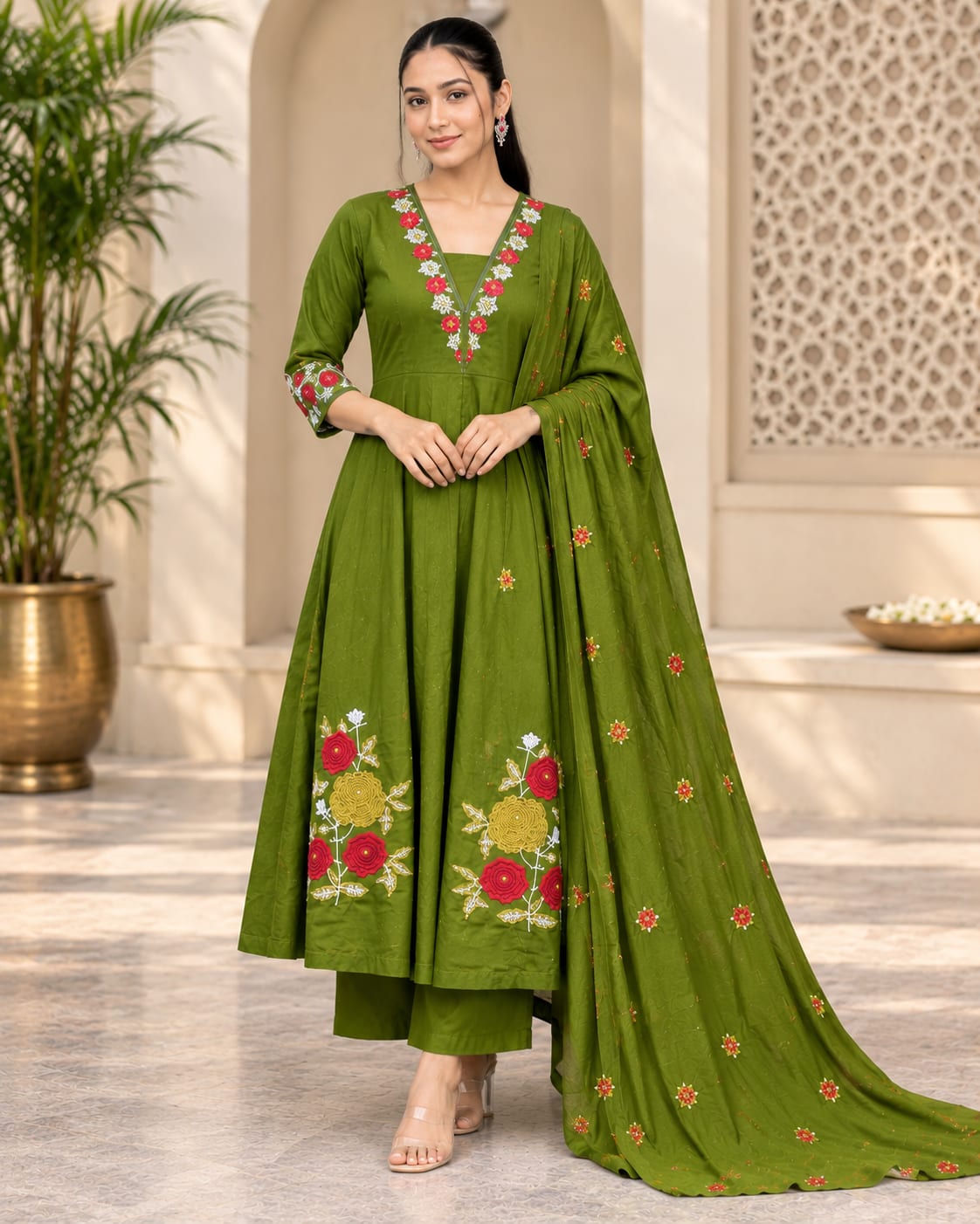 Olive Green Embroidered Cotton Anarkali Suit Set