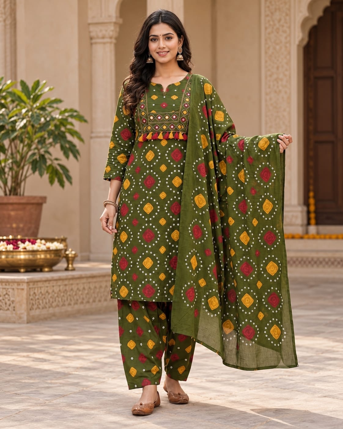 Traditional Bandhani Print Cotton Straight Kurta with Patiala Salwar and Dupatta Set Featuring Mirror Work