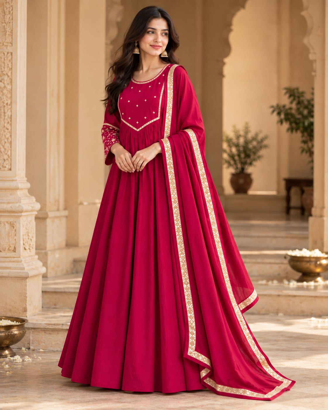Gulabi Mul Chanderi Anarkali Suit Set