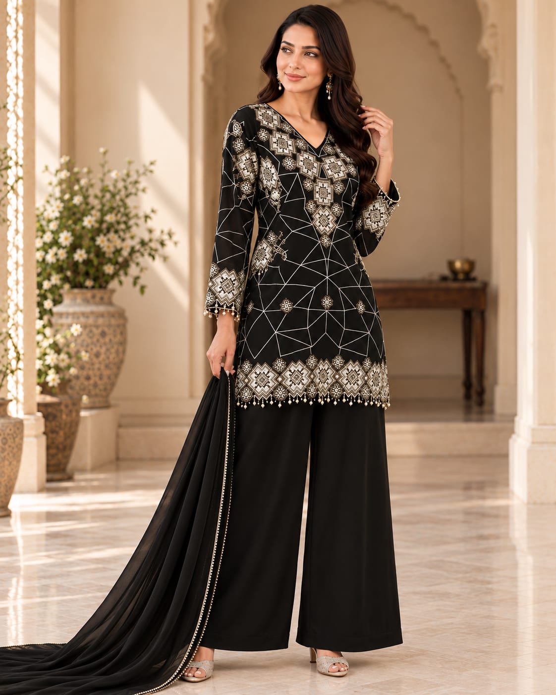 Opulent Black Georgette Sequence Palazzo Suit