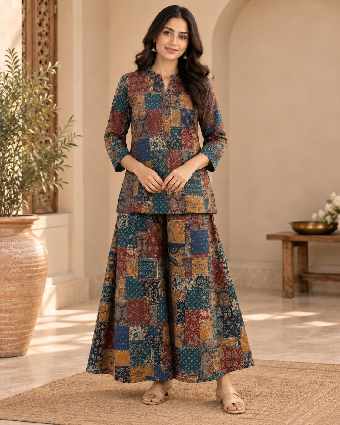 Festival Special Patchwork Print Cotton Kurta with Full-Flair Palazzo Set