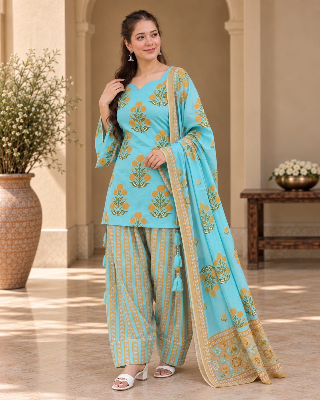 Sky Blue Corset-Style Kurti with Printed Farshi Salwar and Matching Dupatta Set