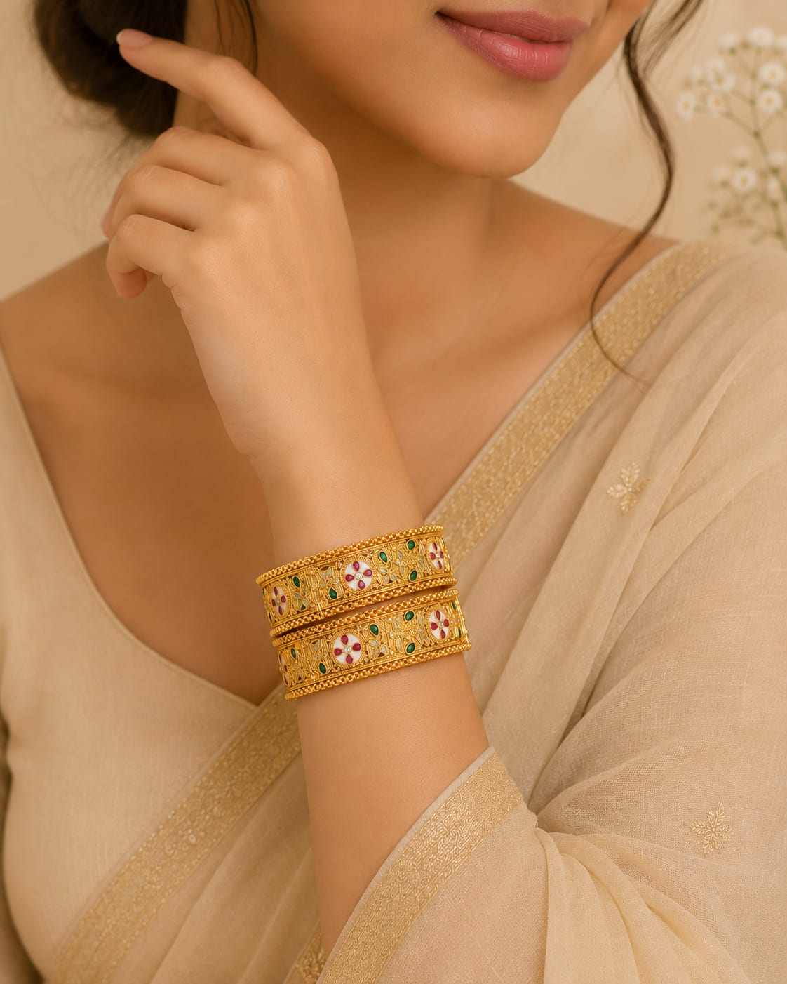 Gold-Tone Floral Meenakari-Style Designer Bangles – Pack of 2