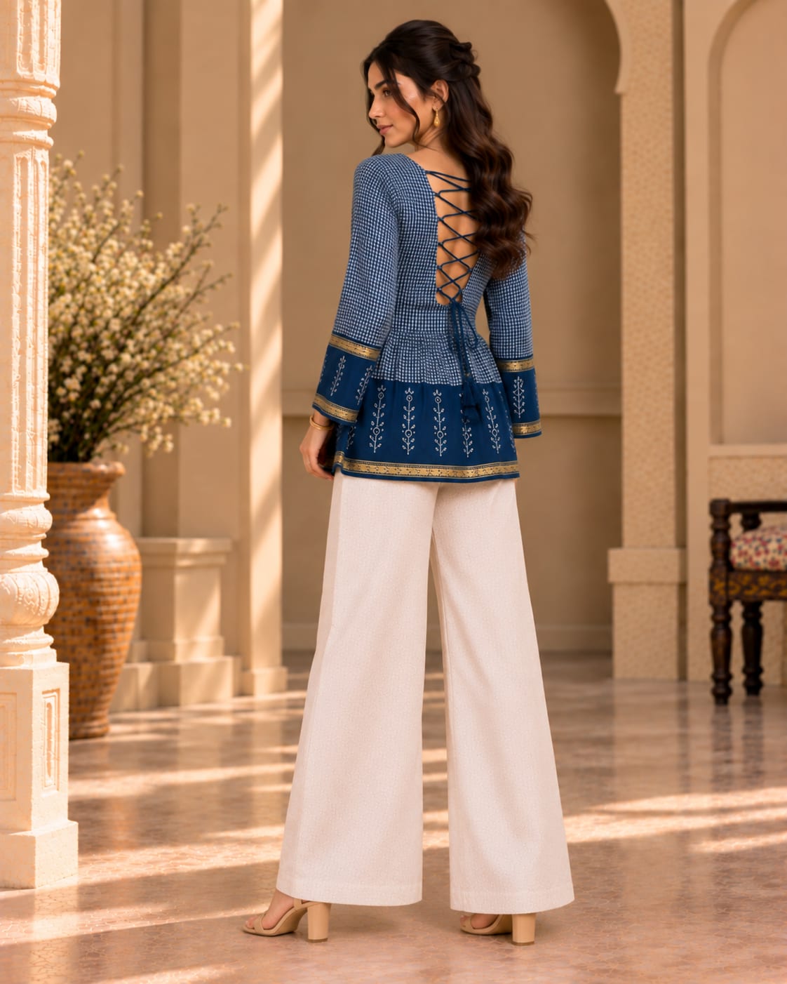 Indigo Gingham Peplum Tunic with Tie-Back