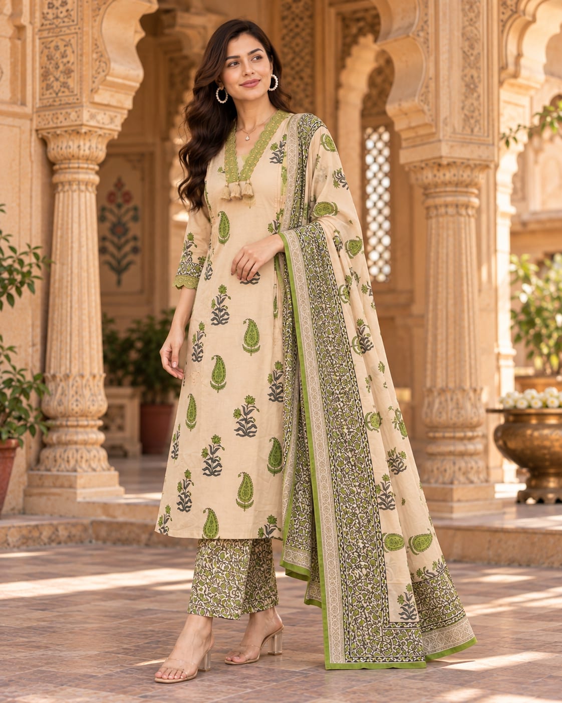 Aisha Block Print Cotton Kurta Palazzo Set