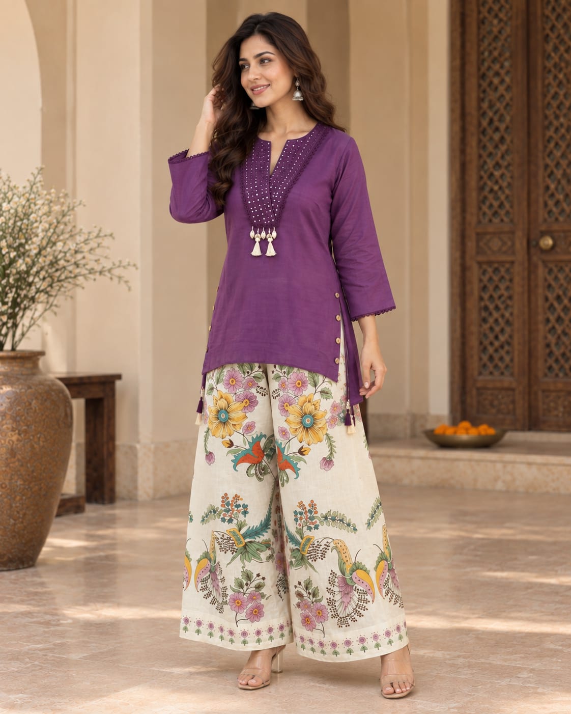 Woven Cotton Co-Ord Set with Embroidered Yoke and Floral Printed Palazzo Pants
