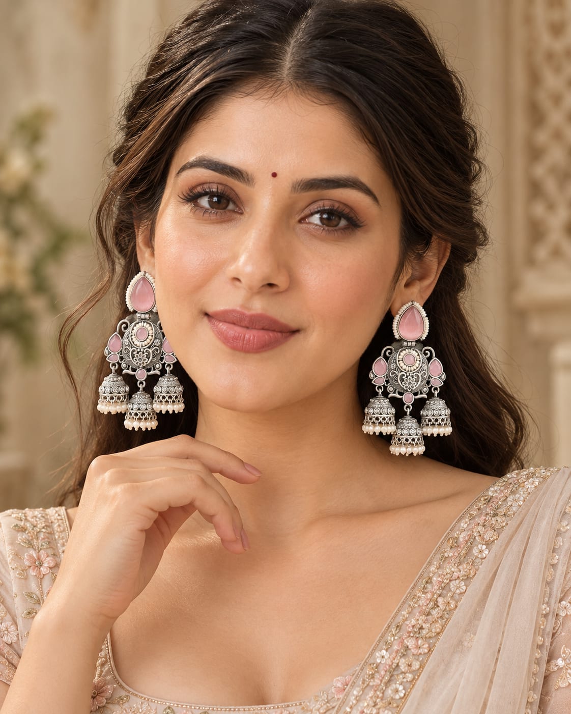 Prakriti Pink Stone & Pearl Oxidized Jhumkas