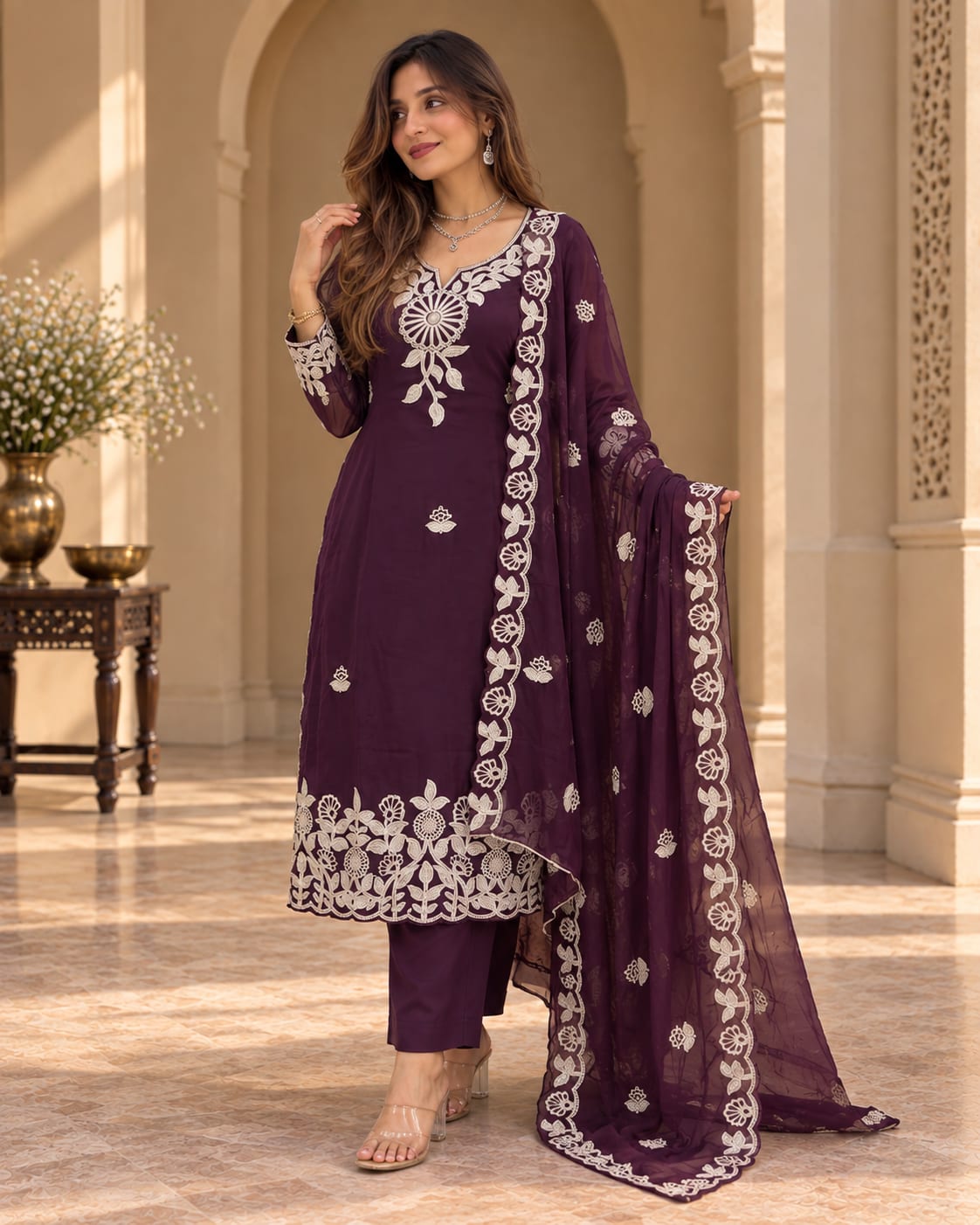 Regal Plum Roman Silk Embroidered Kurta Set