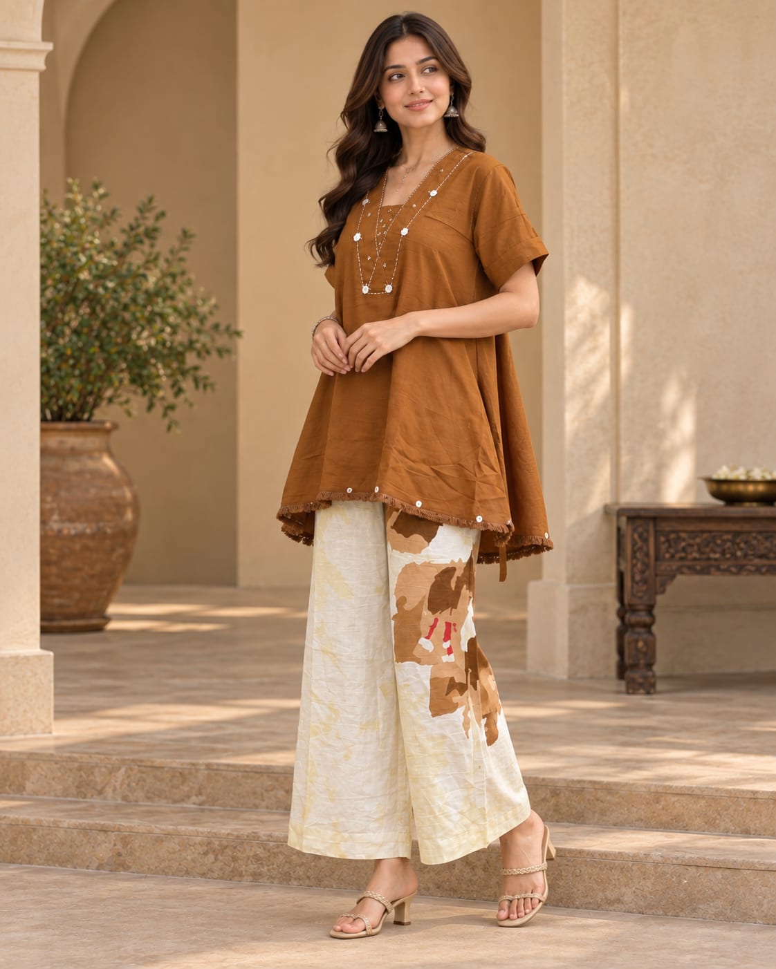 Loose-Fit Cotton Tunic with Handwork Yoke and Floral Print Palazzo Co-Ord Set