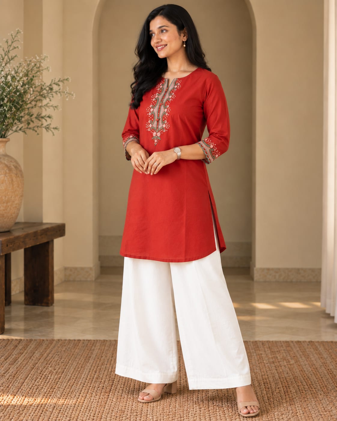 Pure Cotton Embroidered Tunic with Cotton Flex Pocket Palazzo Co-Ord Set