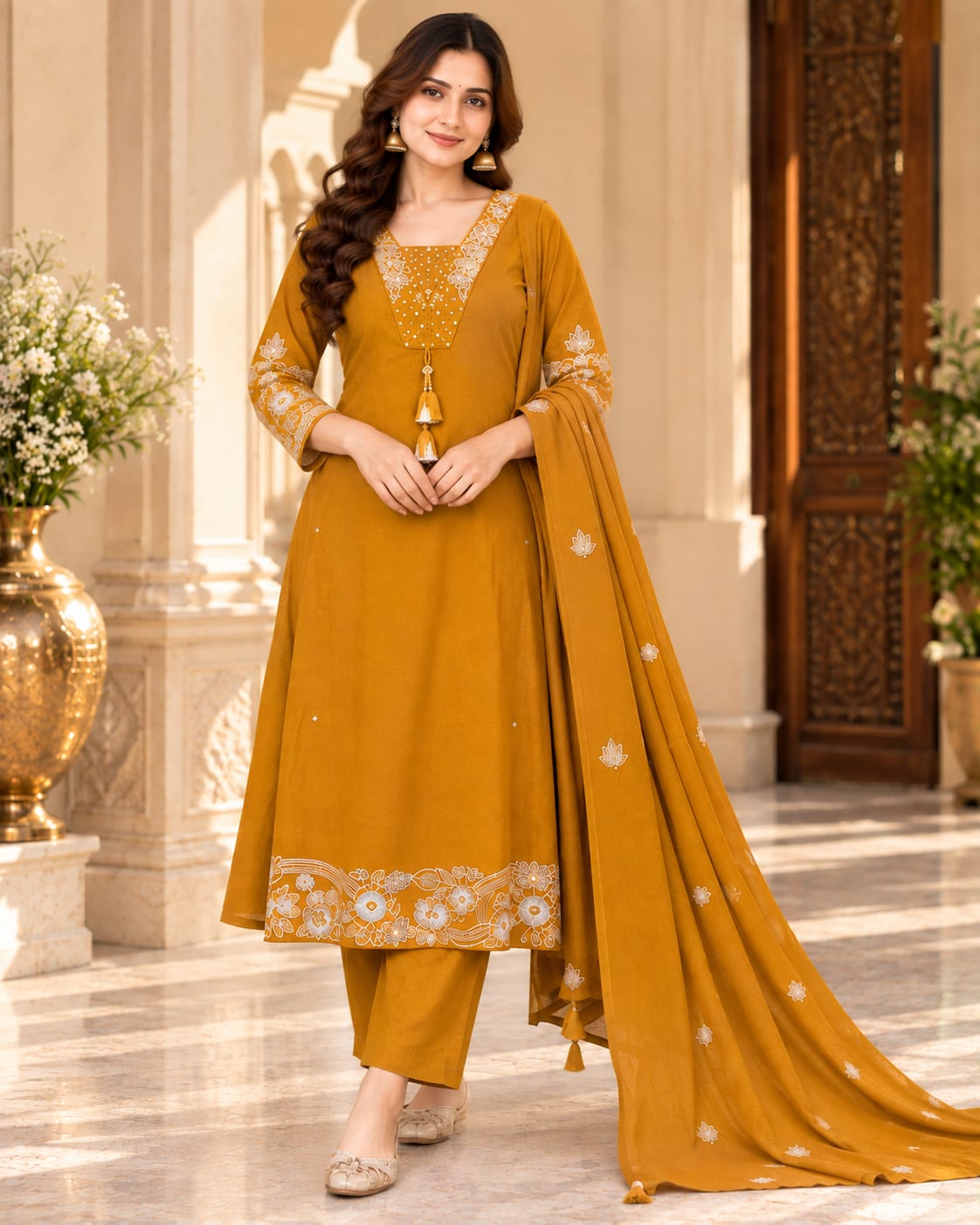 Marigold Bloom Embroidered Anarkali Kurta Set