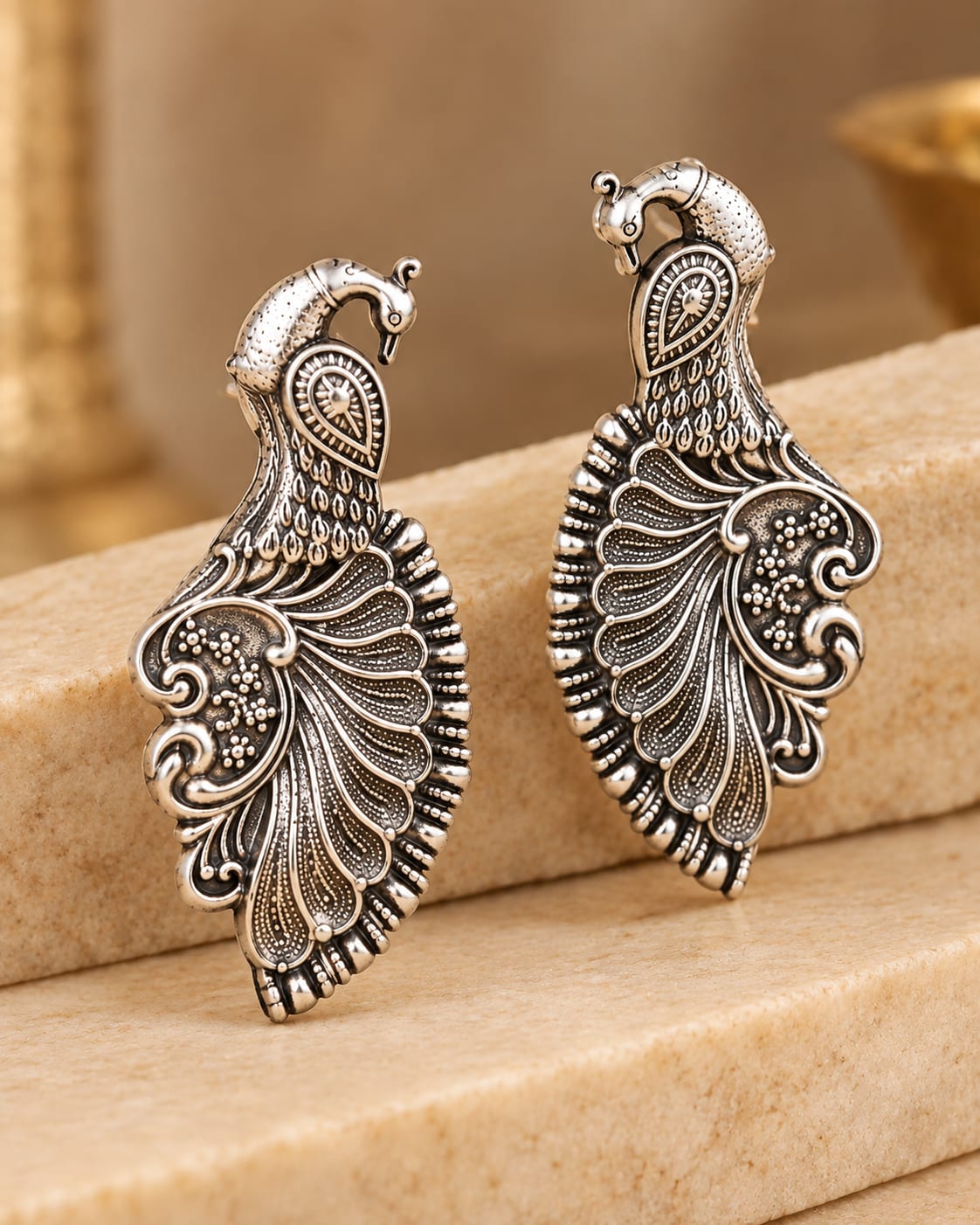 Antique Silver Mayur Peacock Stud Earrings