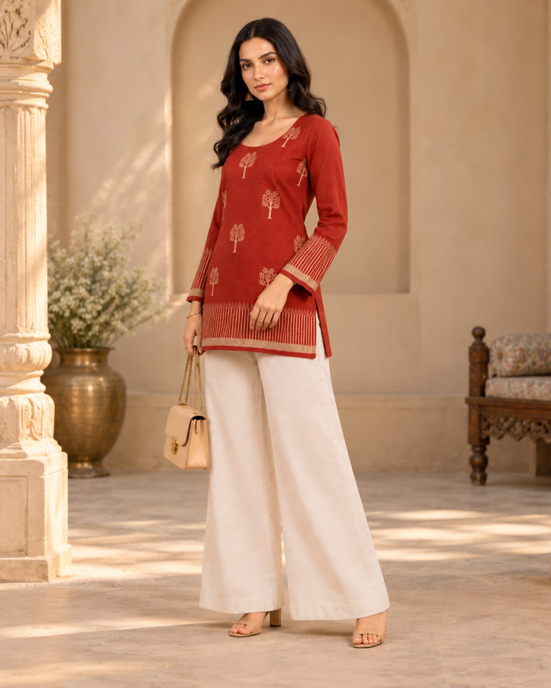 Rust Red Tree Motif Cotton Kurti with Tie-Back