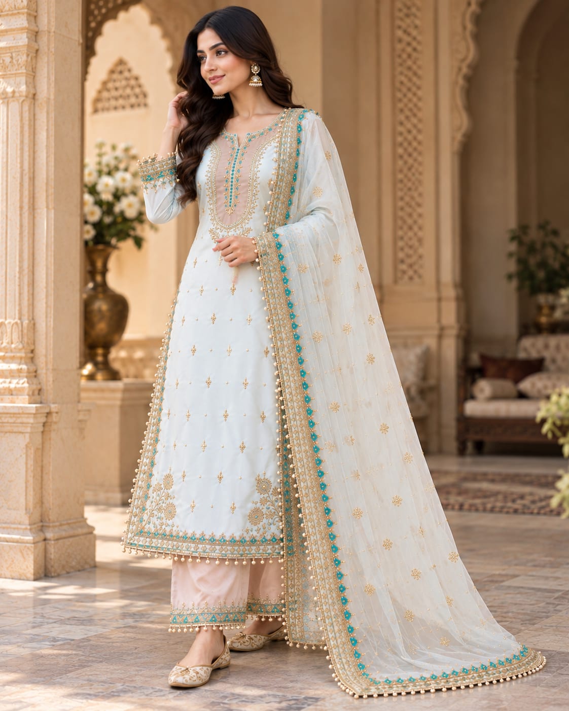 Aqua Serenity Crape Silk Embroidered Palazzo Suit