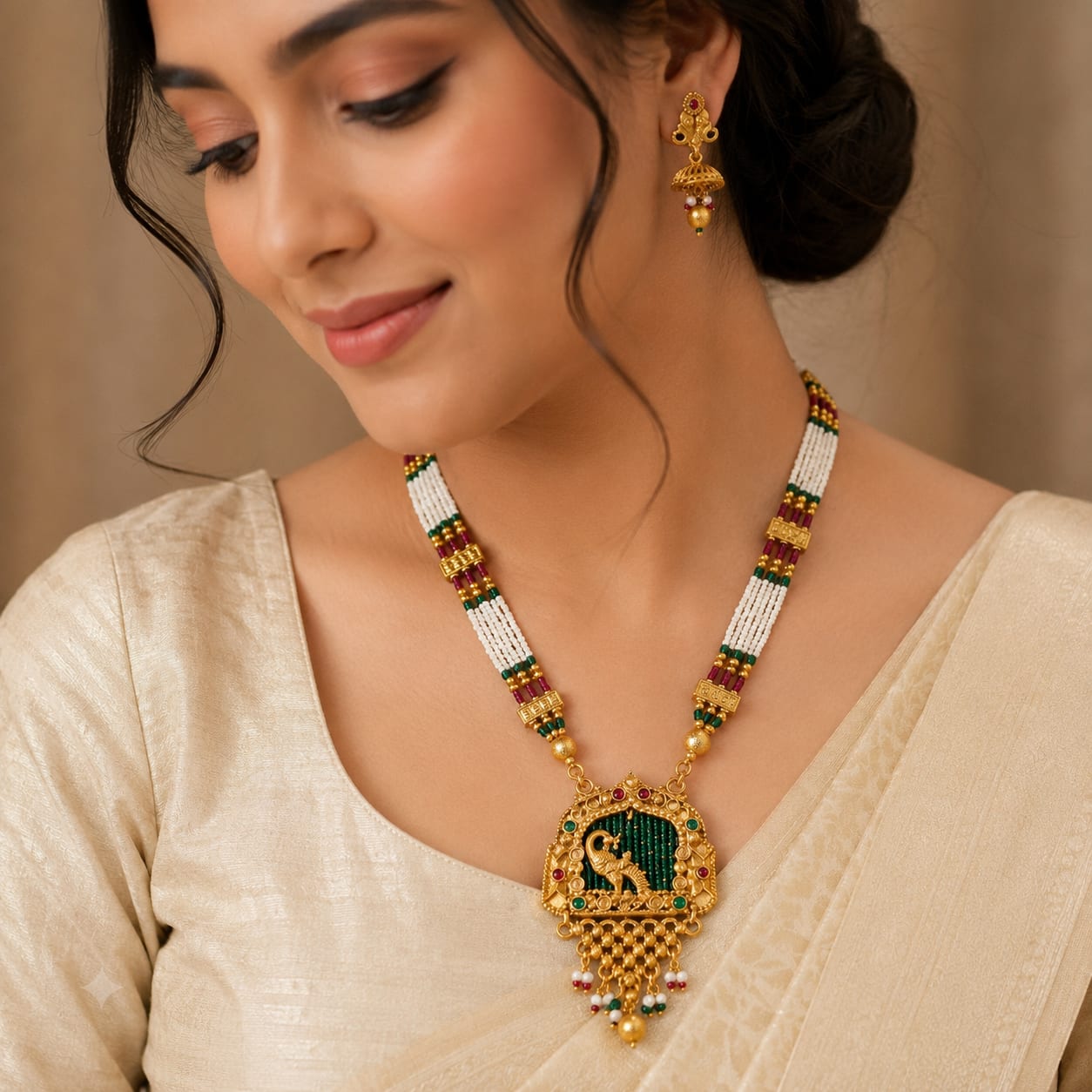 Traditional Peacock Gold-Plated Necklace Set with Matching Earrings – Gold & Green