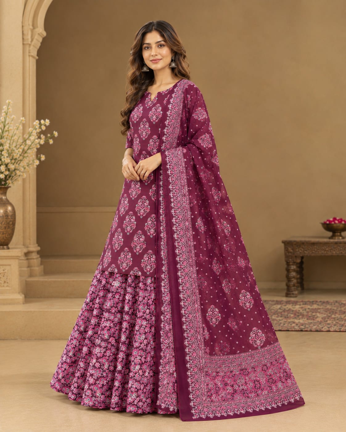 Jaipuri Print Cotton Kurta Skirt Set