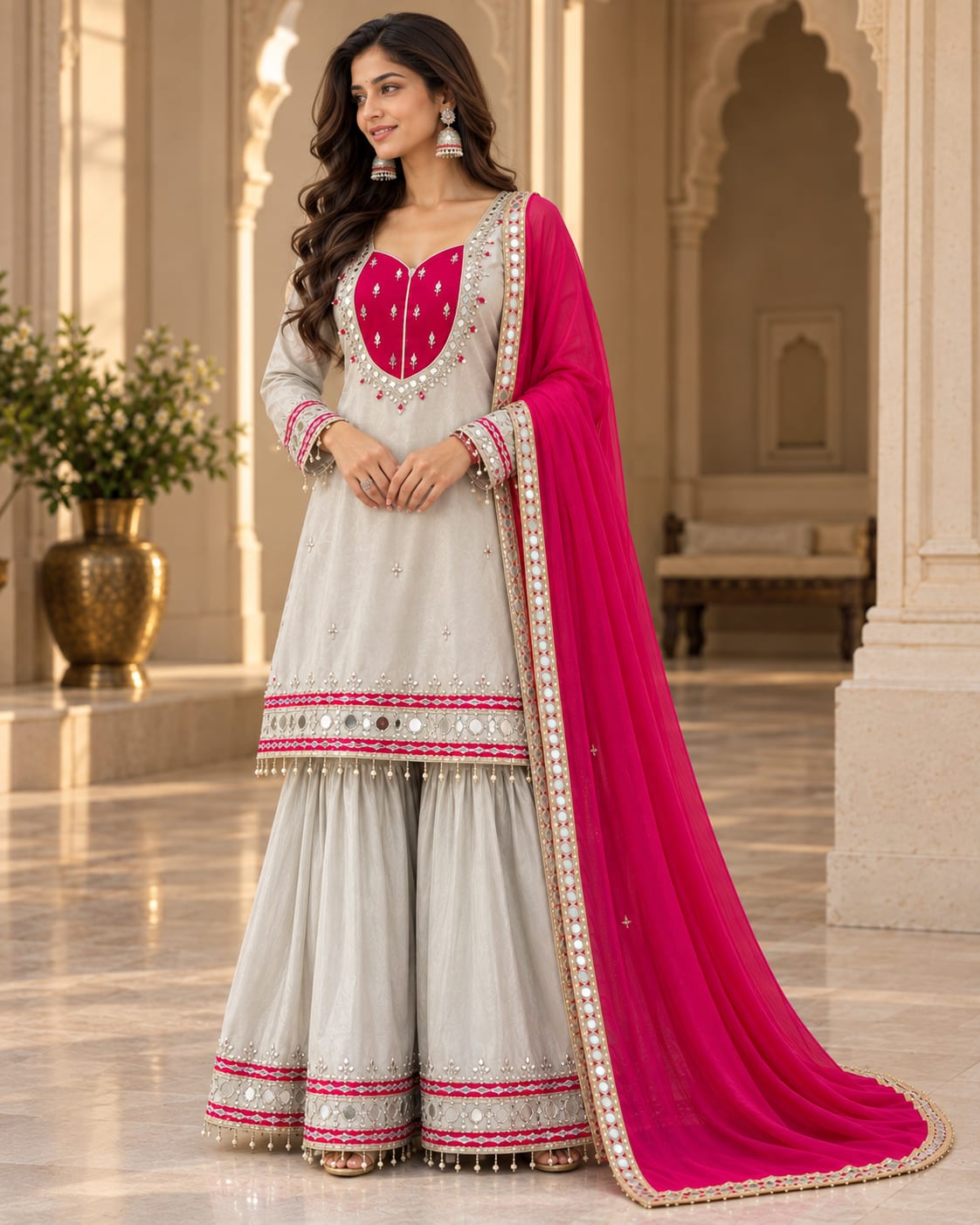 Aisha Silver Sharara Suit with Hot Pink Dupatta