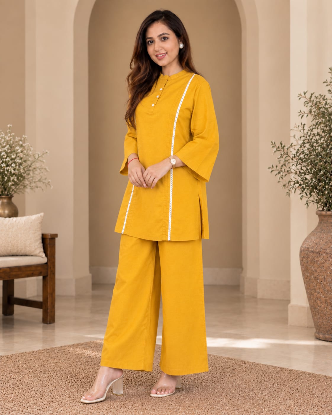 Solid Cotton Tunic with White Lace Piping and Wide-Leg Pants Co-Ord Set