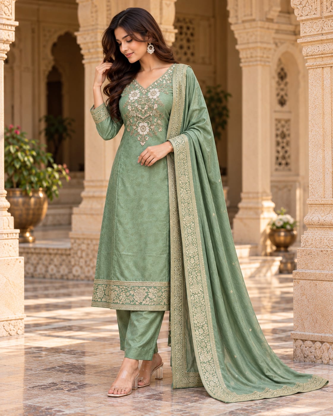 Sage Green Malay Tissue Kanjivaram Suit Set