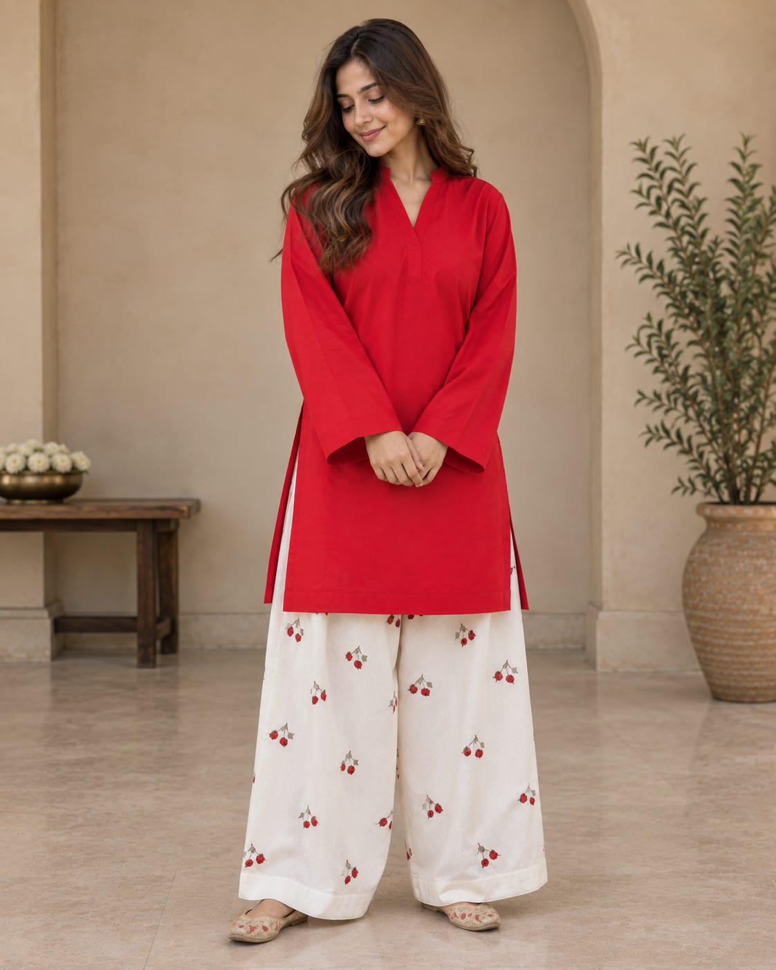Solid Straight Cotton Kurta with Printed Wide-Leg Farshi Palazzo Set