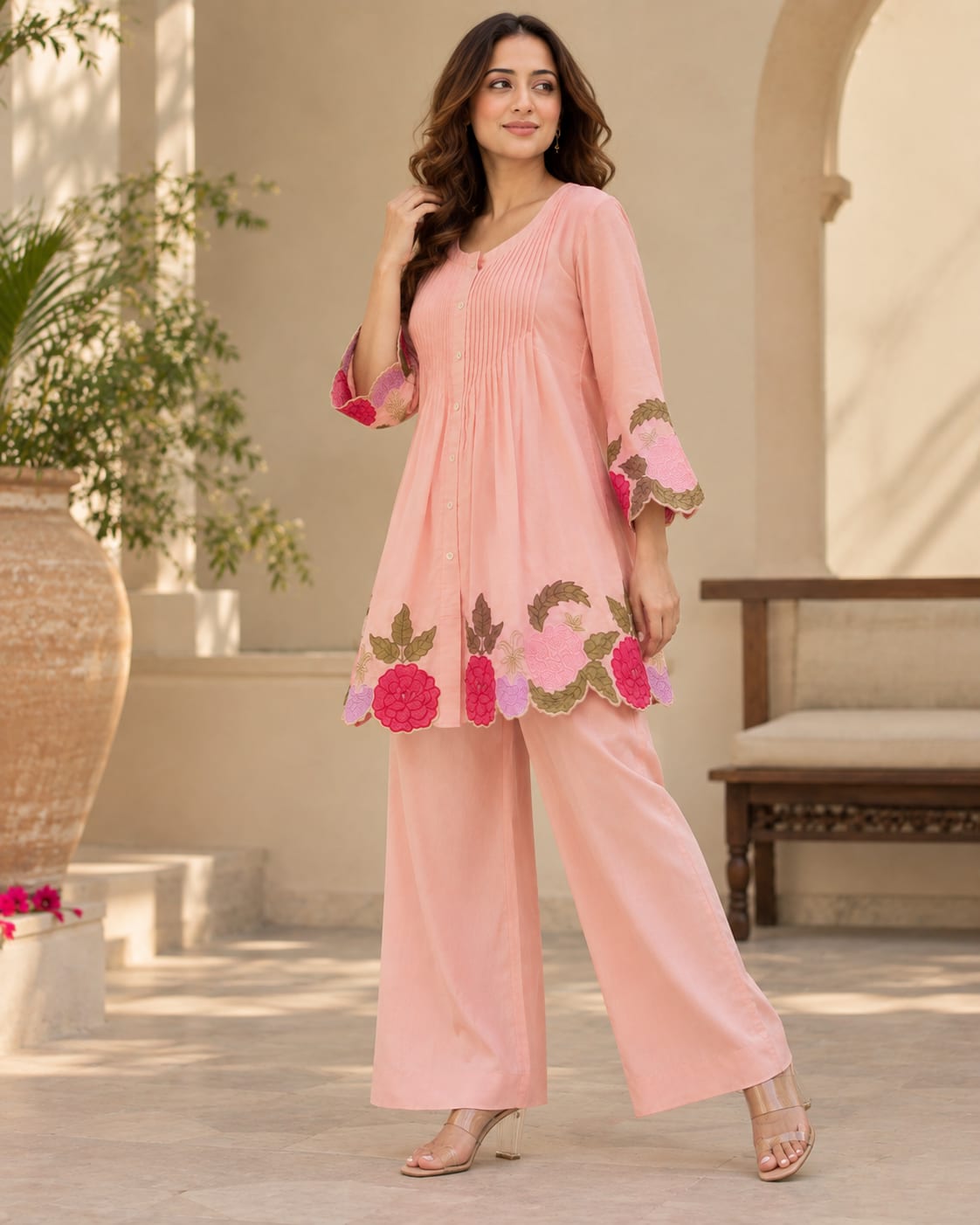 Premium Cotton Pleated Kurta with Cutwork Floral Embroidery and Pant Set