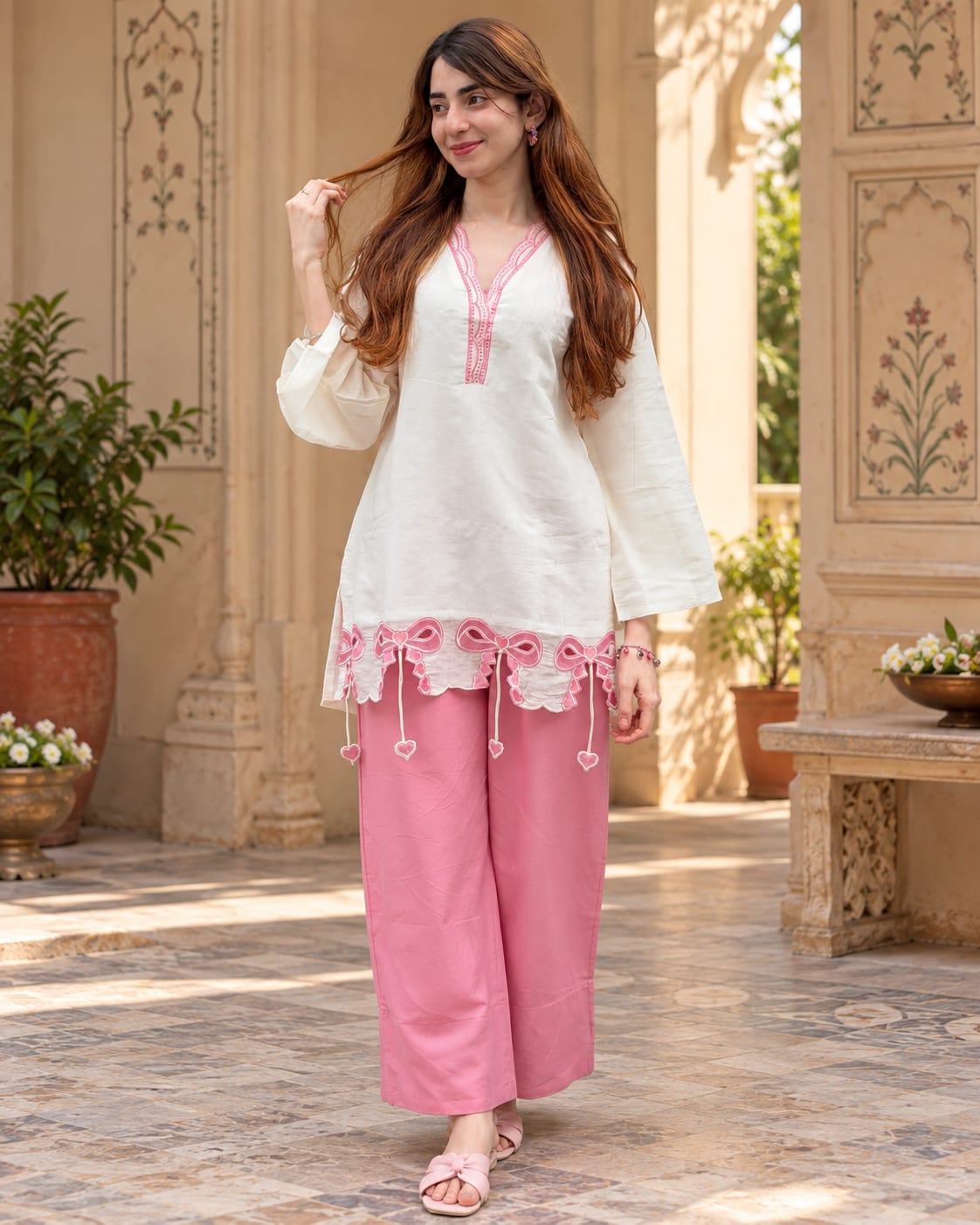 Chic Cotton Co-ord Set with Bow & Heart Details