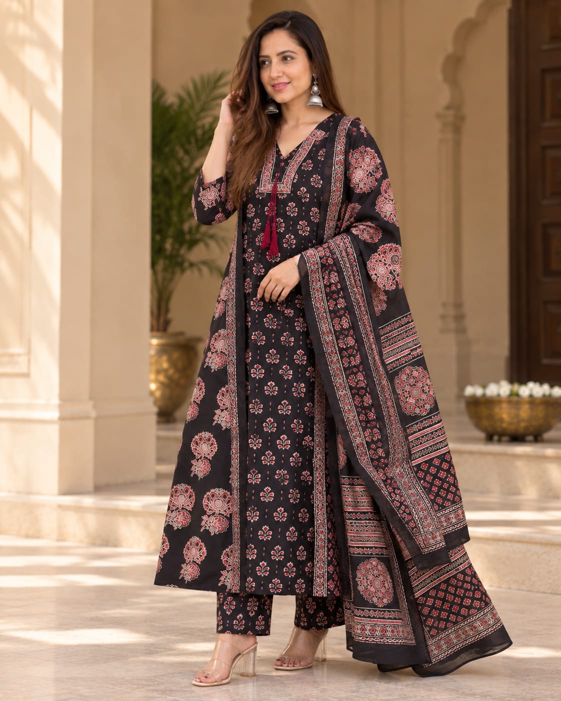 Ashna Noir Ajrakh Print Cotton Anarkali Suit Set