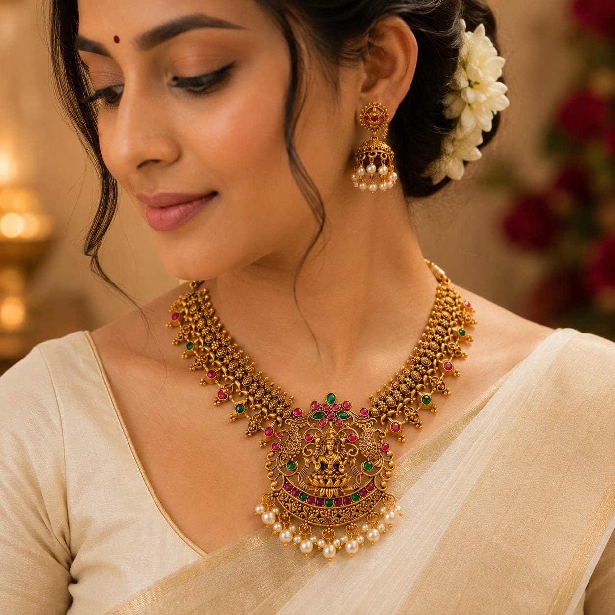 Traditional Lakshmi Temple Gold-Plated Necklace Set with Jhumka Earrings – Pink & Green