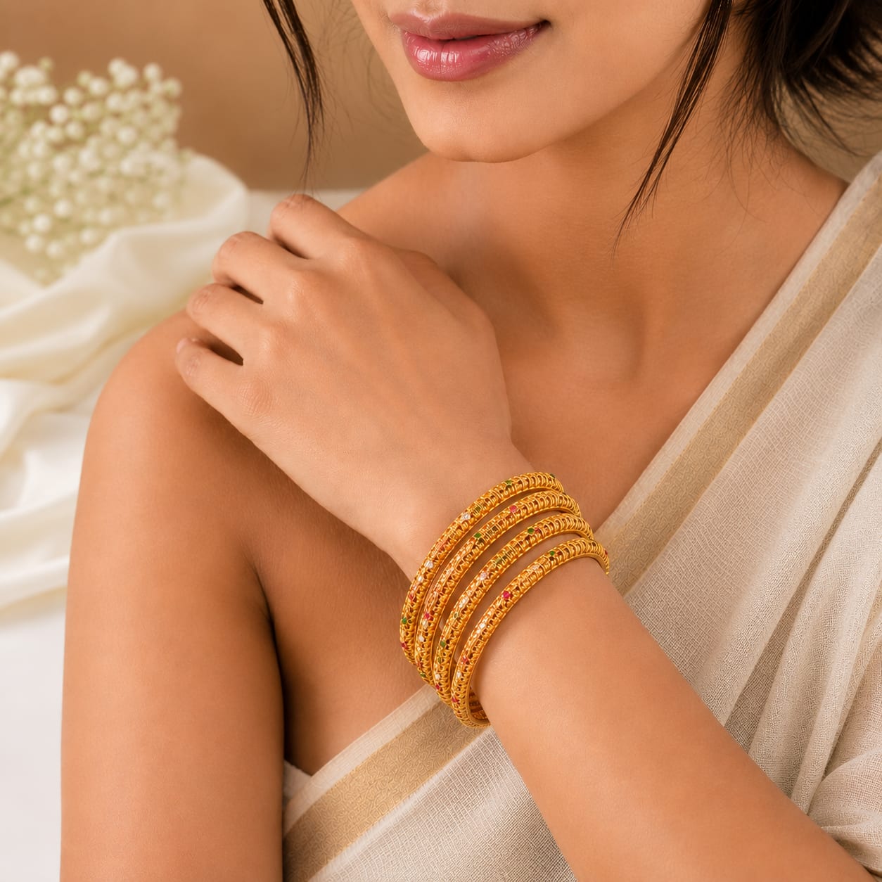 Gold-Tone Stone Studded Designer Bangles for Women – Pack of 4