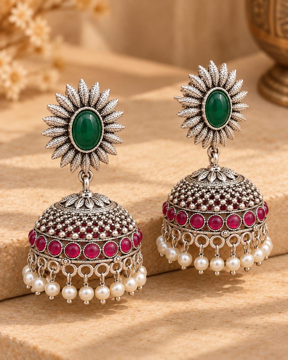 Reva Oxidized Jhumki Earrings with Green & Ruby Stones