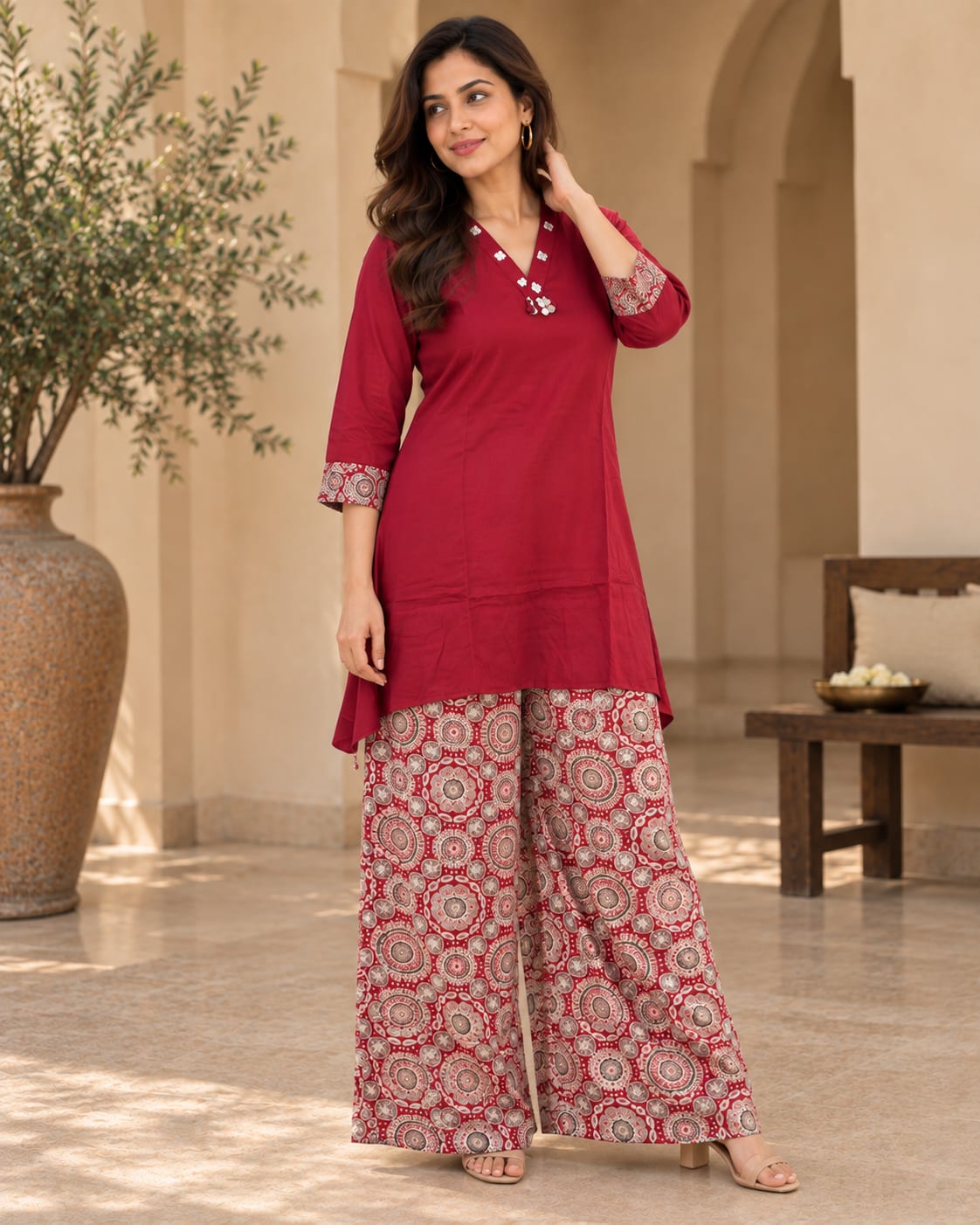 Pure Cotton Maroon Tunic with Ajrakh Print Palazzo Co-Ord Set