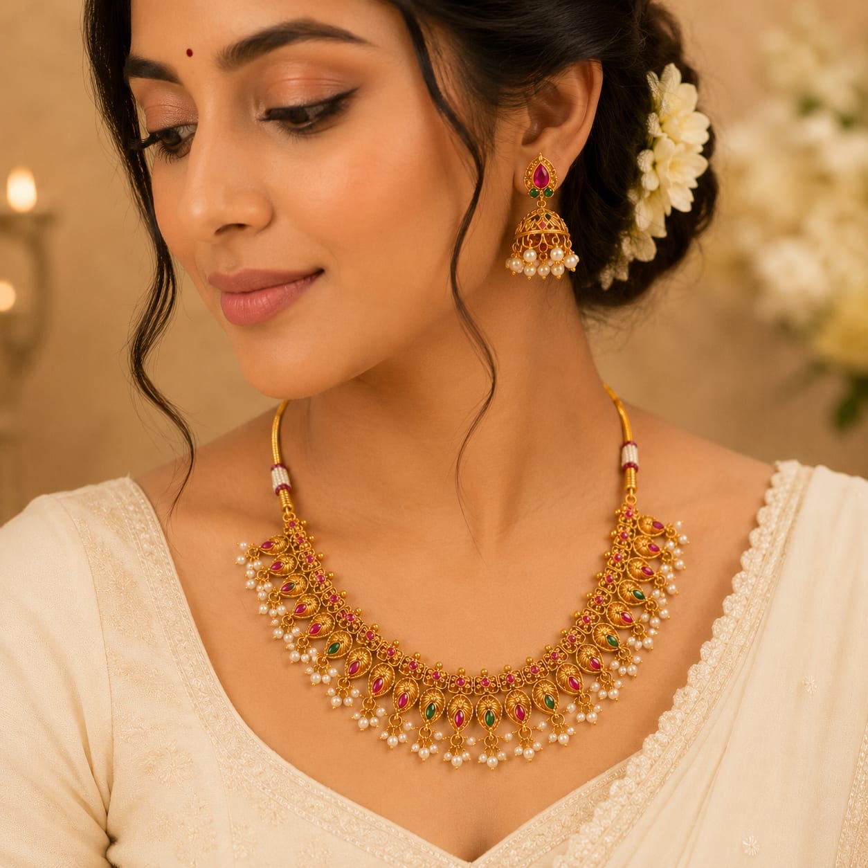 Traditional Gold-Plated Choker Necklace Set with Jhumka Earrings – Pink & Green