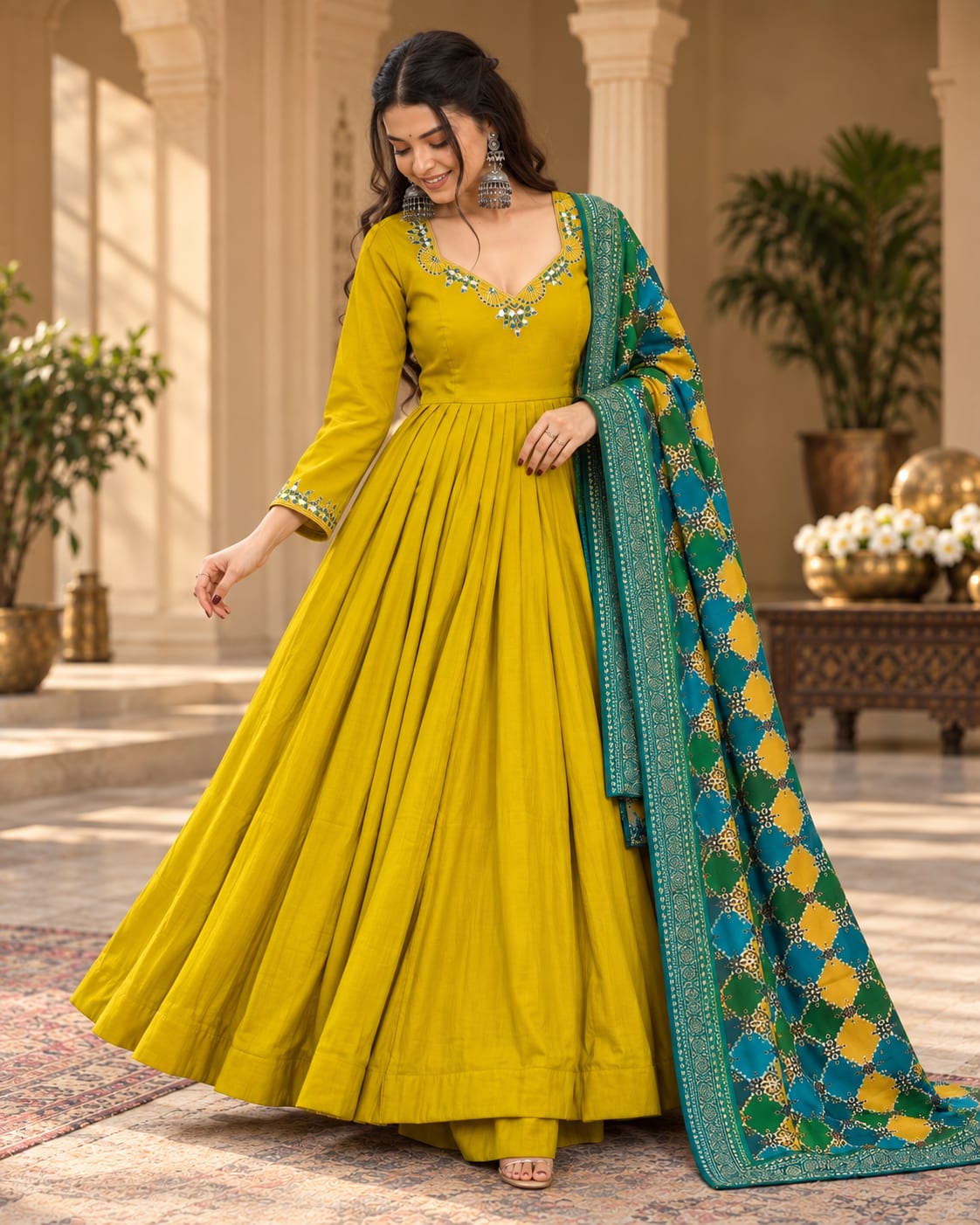 Mustard Chinnon Anarkali Suit with Digital Print Dupatta