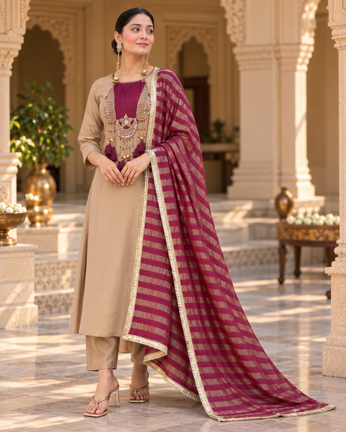 Beige Glass Malai Kurti Set with Kanjivaram Dupatta