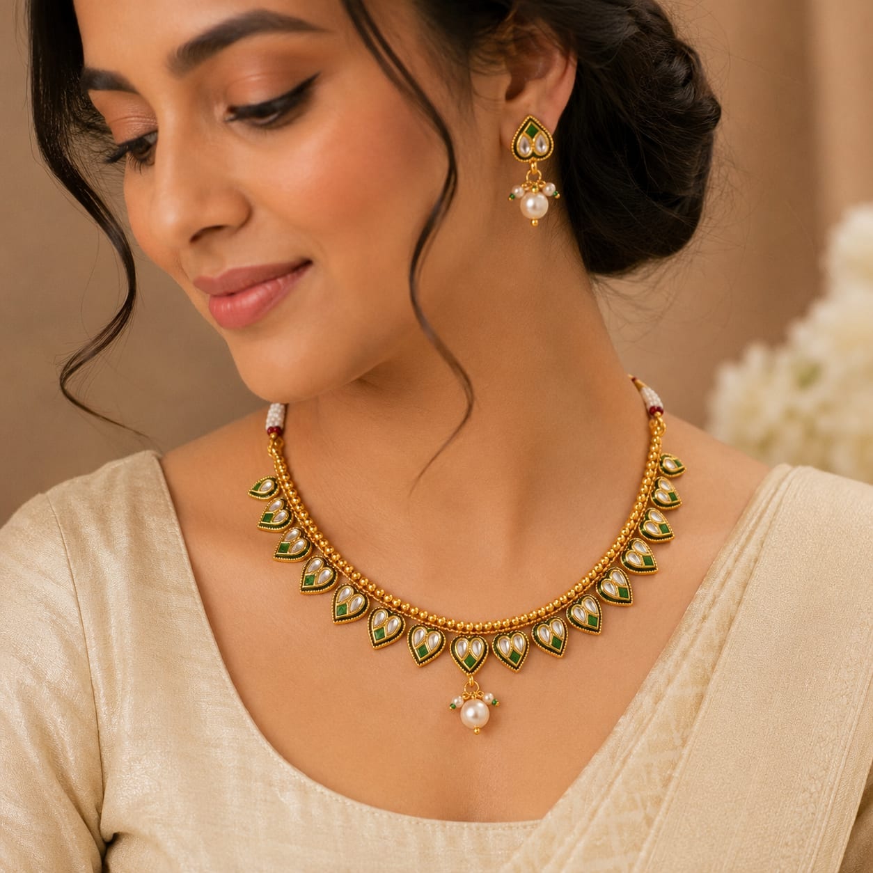 Traditional Gold-Plated Heart Design Necklace Set with Matching Earrings – Gold & Green