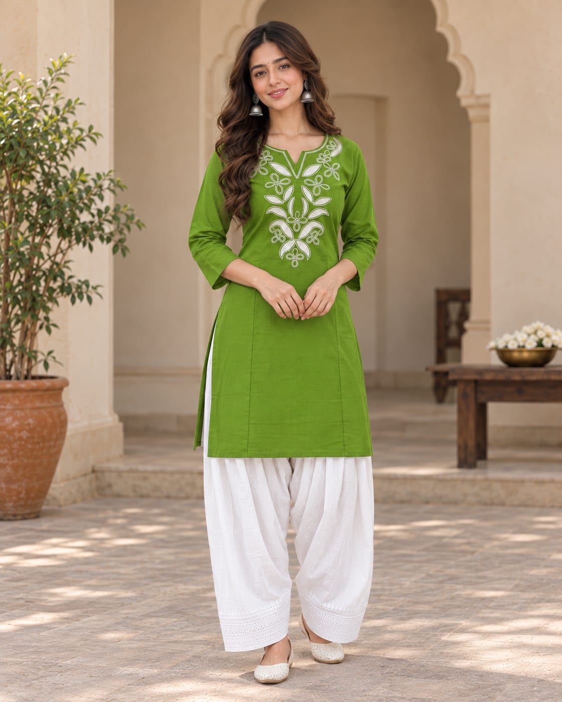Vibrant Embroidered Kurta with White Pleated Farshi Salwar Set