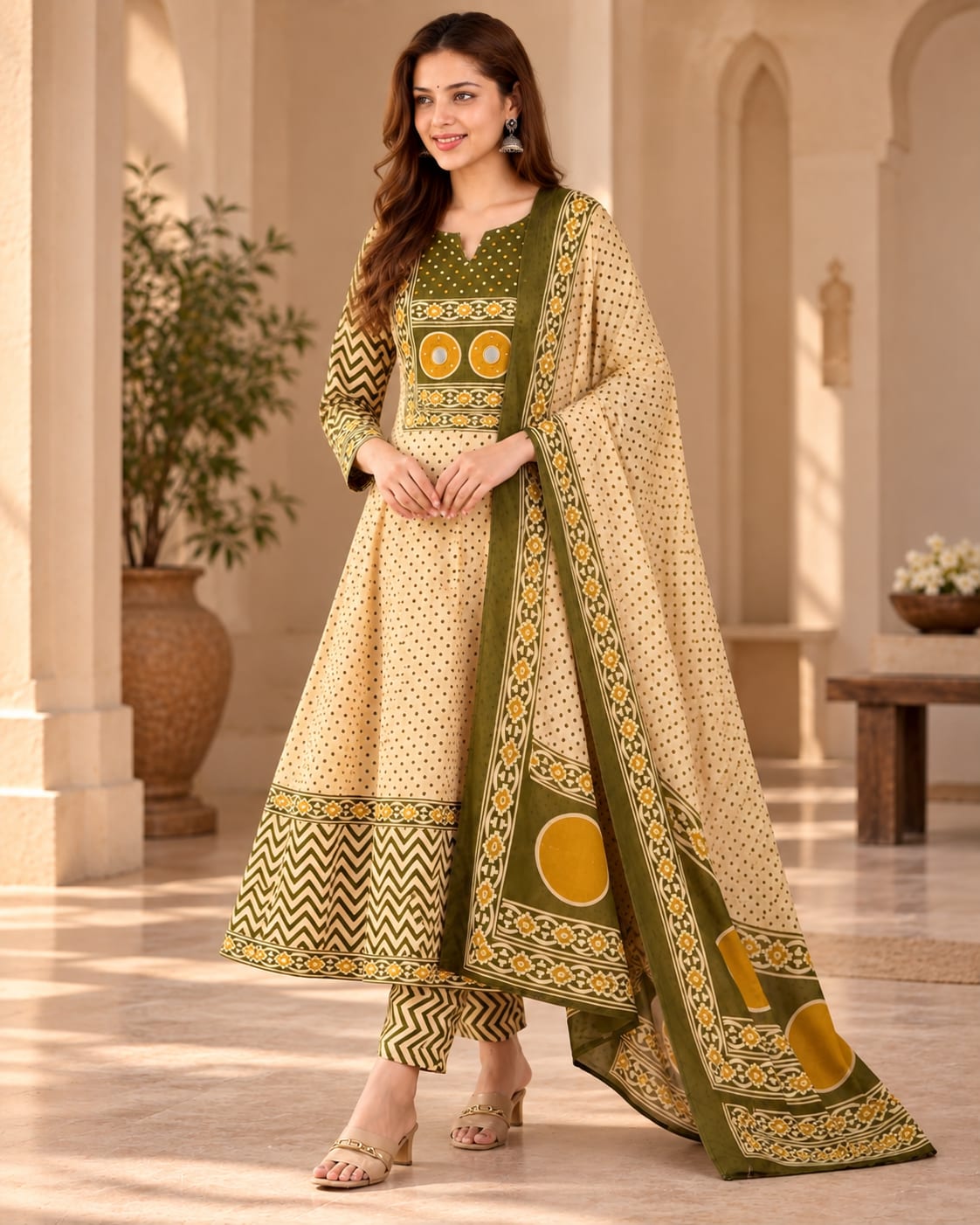 Printed Cotton Anarkali Suit Set with Dupatta