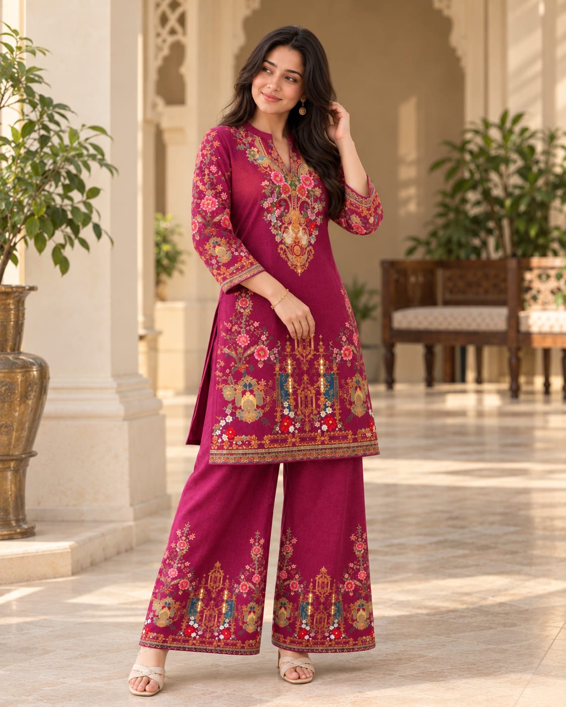 Magenta Floral Digital Print Cotton Cord Set