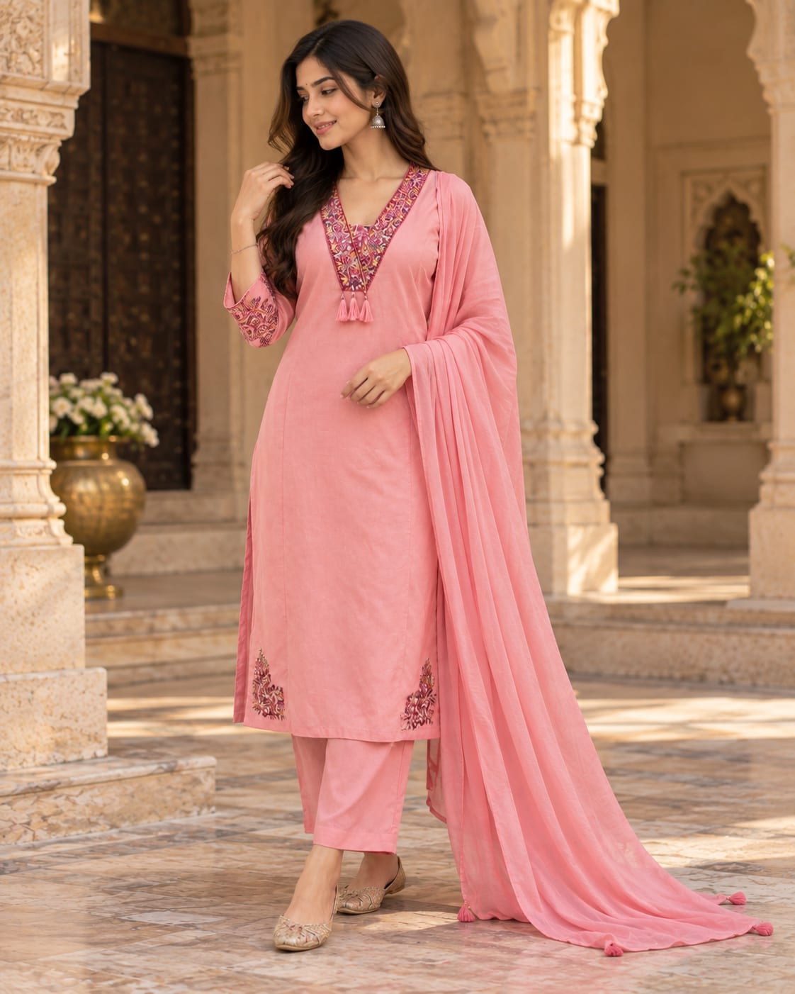 Jaipuri Bloom Embroidered Cotton Kurta Set