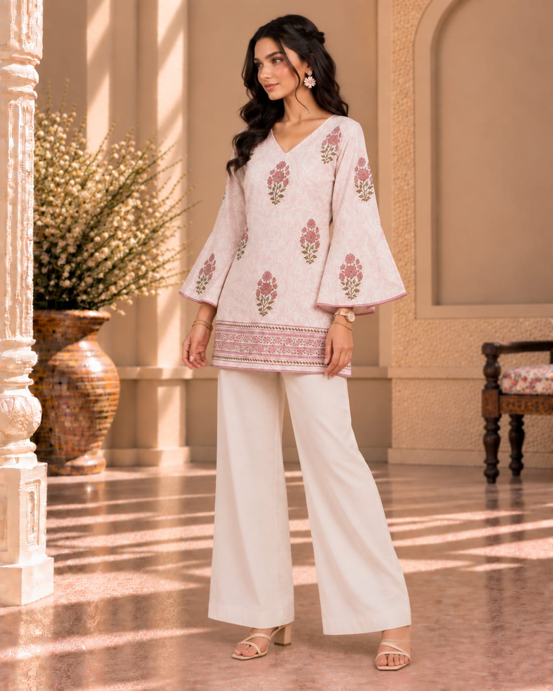 Blush Pink Floral Bell Sleeve Short Kurti