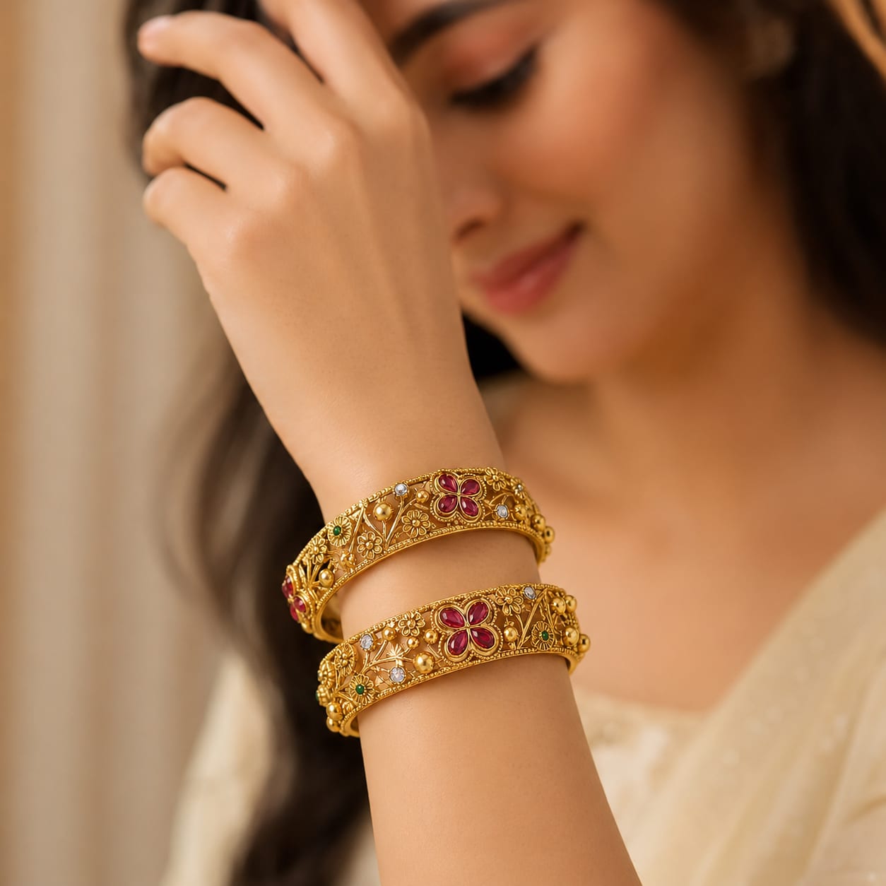 Gold-Tone Floral Designer Bangles with Pink & Green Stone Detailing