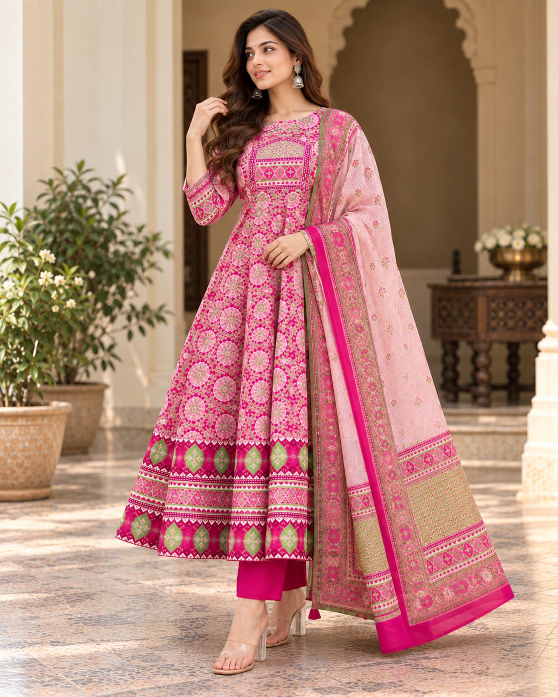 Vibrant Pink Floral Cotton Anarkali Suit Set